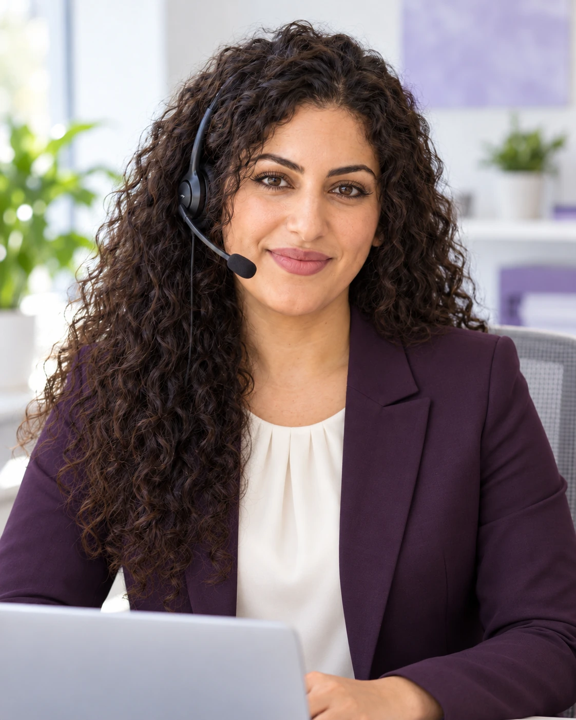 Illustrative litigation assistant seated at a desk with a laptop