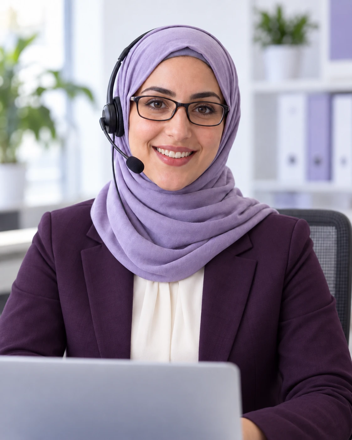 Illustrative legal assistant seated at a desk with a laptop