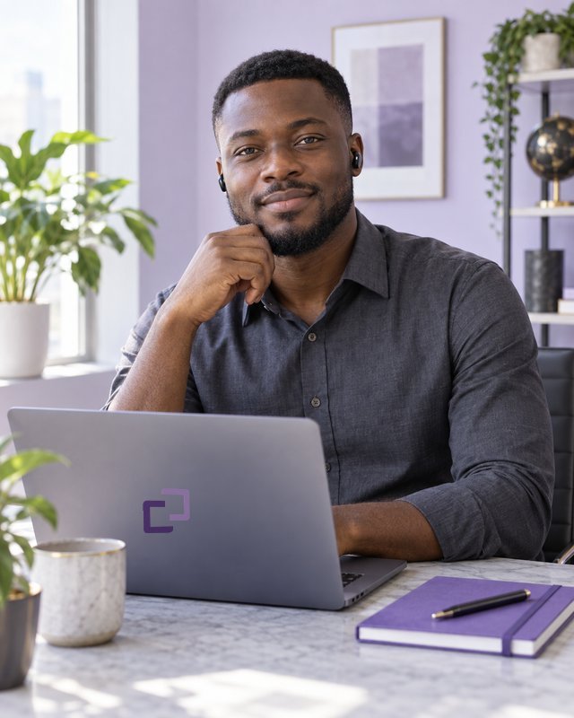Illustrative remote paralegal working at a laptop