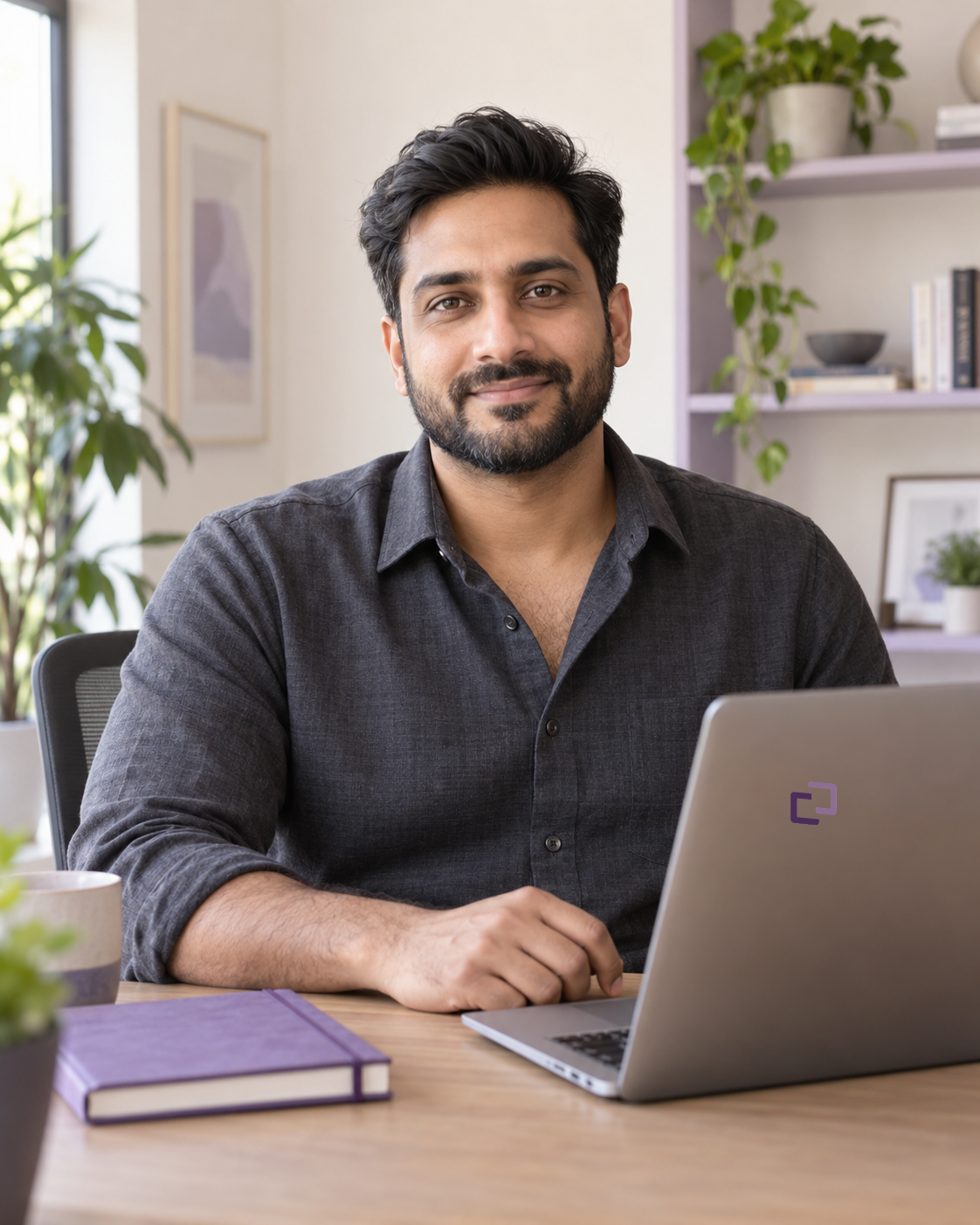 Illustrative case manager seated at a desk with a laptop