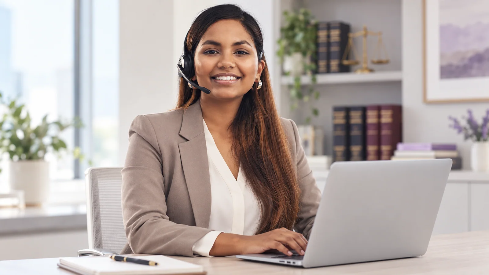 Illustrative case support professional working at an office desk.