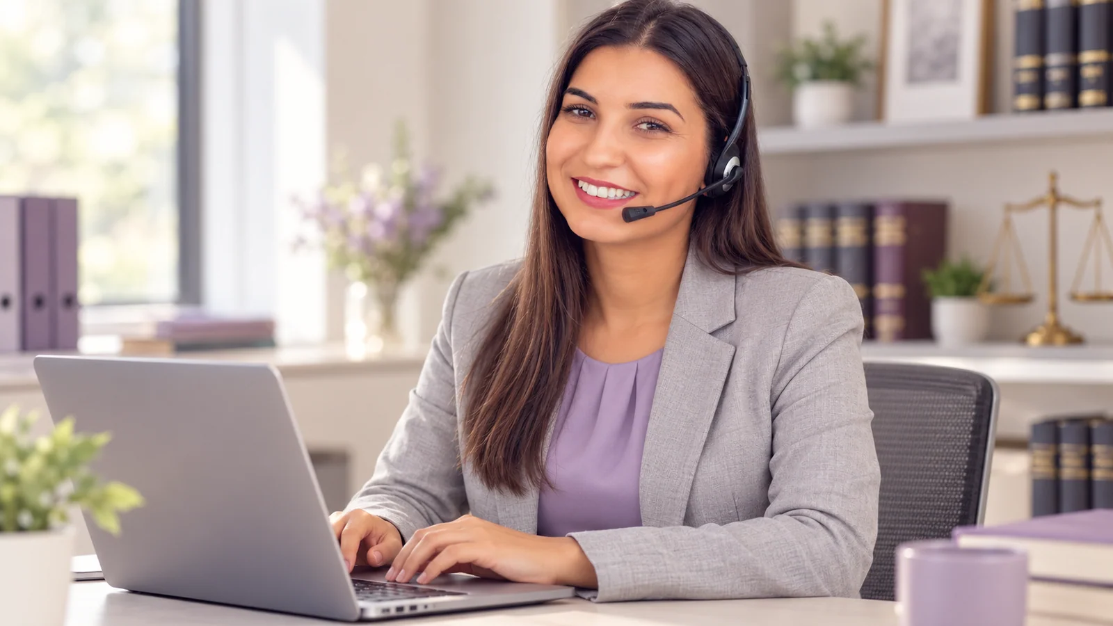 Illustrative client support professional at an office desk.