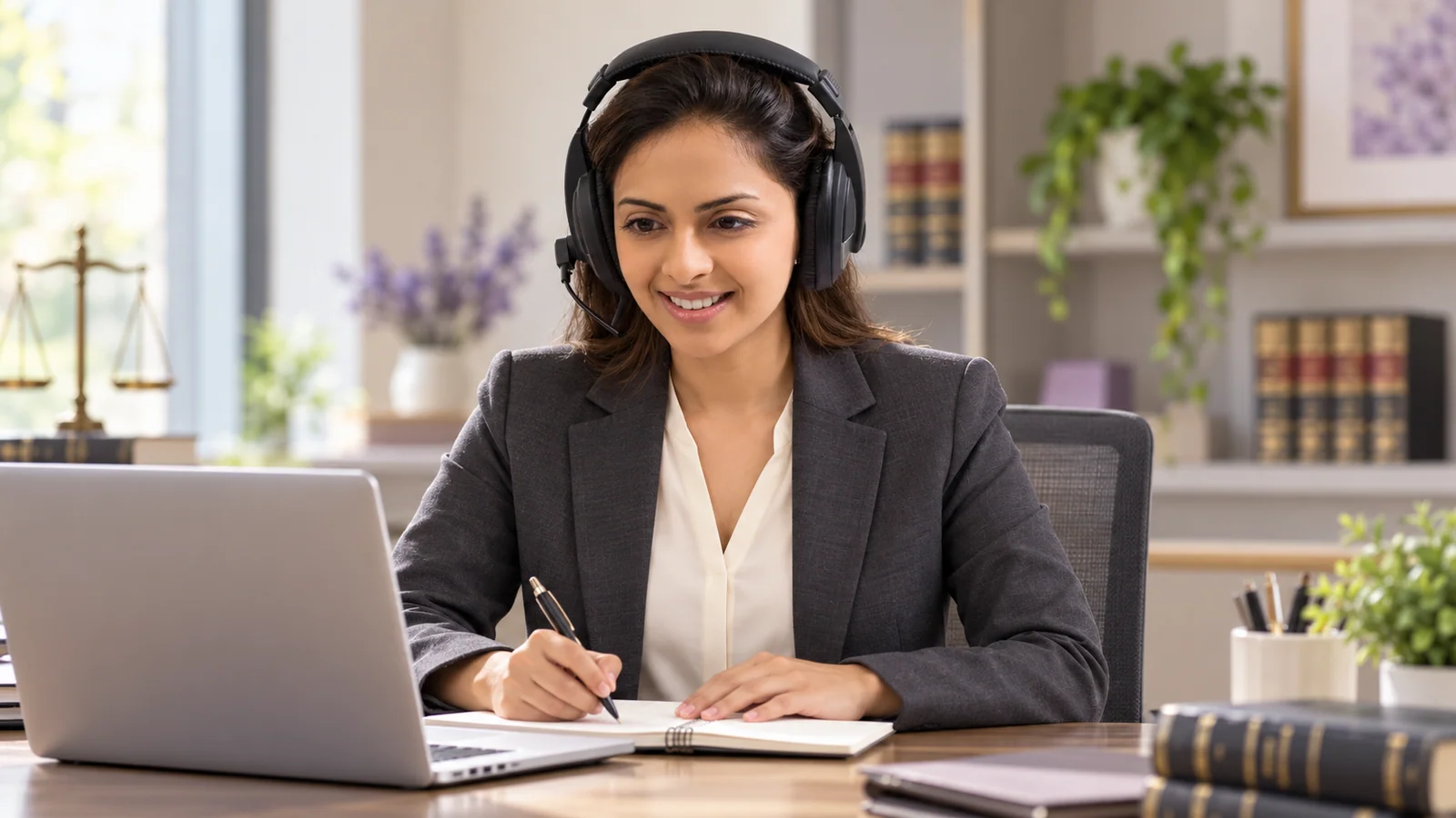 Illustrative support professional working at an office desk.