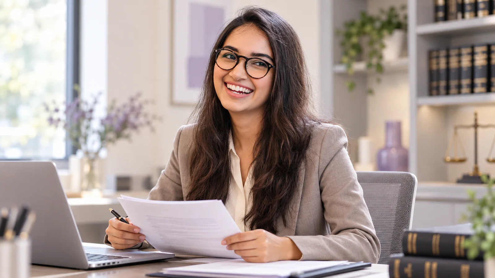 Illustrative document support professional at an office desk.