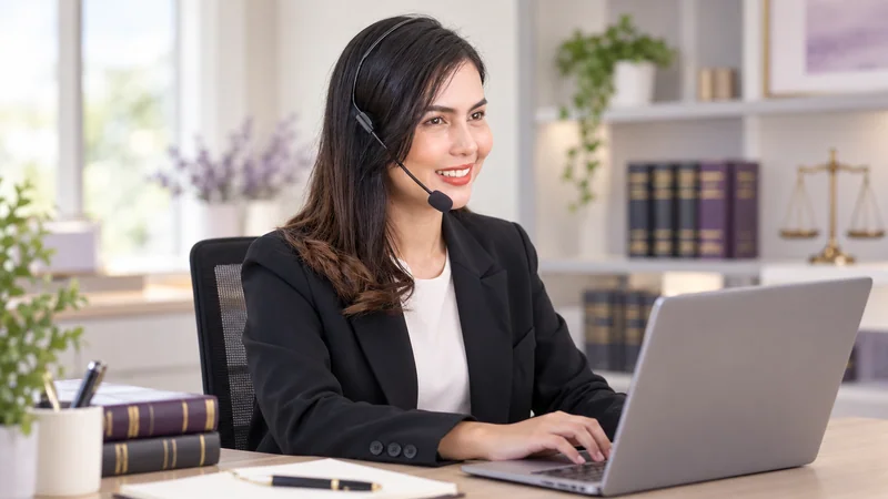 Illustrative intake support professional at an office desk.