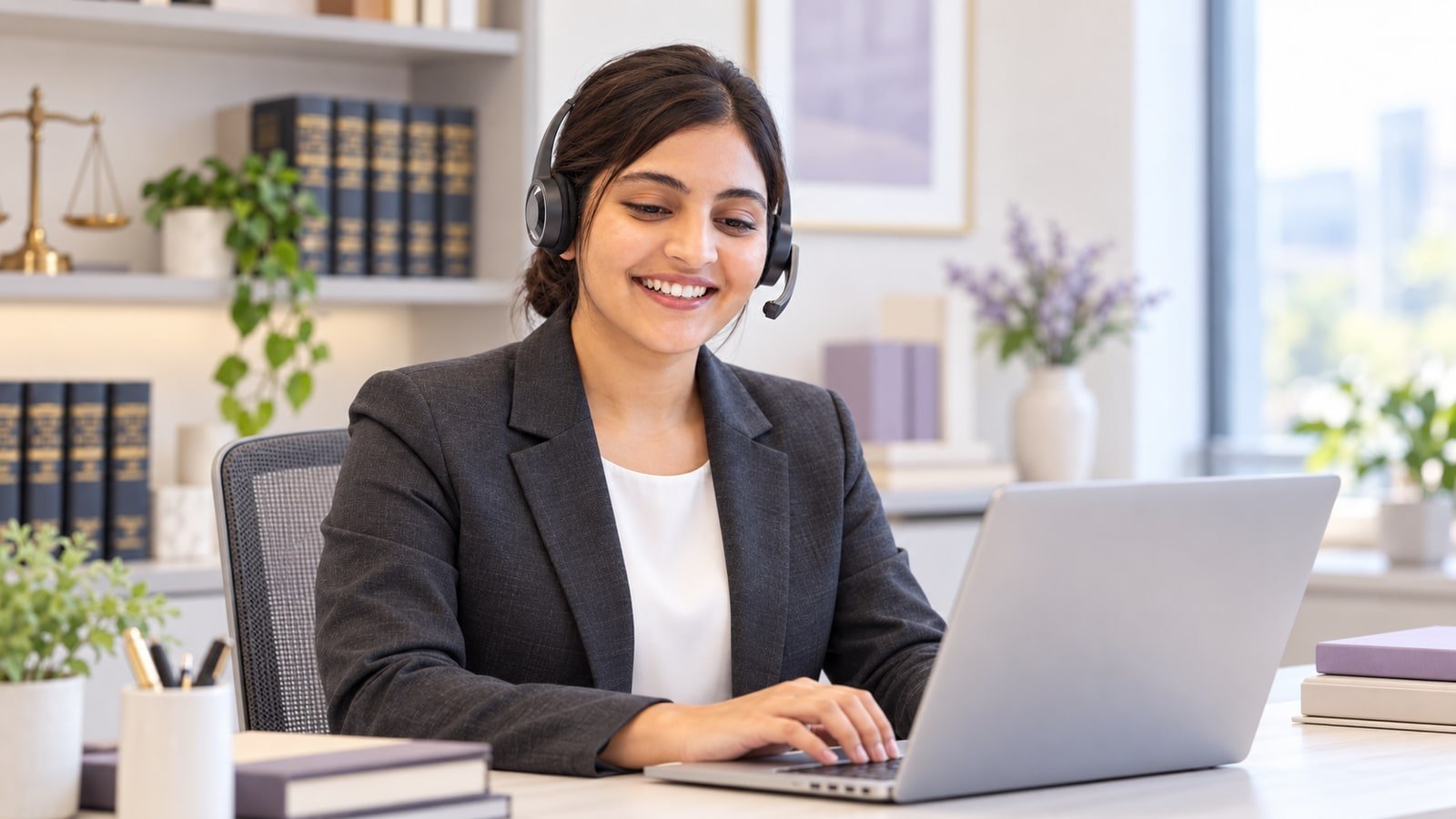 Illustrative legal support professional working at a desk.
