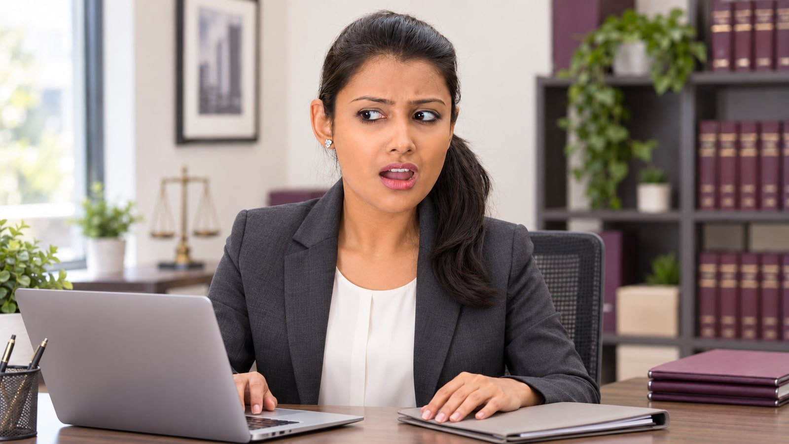 Illustrative professional reviewing work at an office desk.