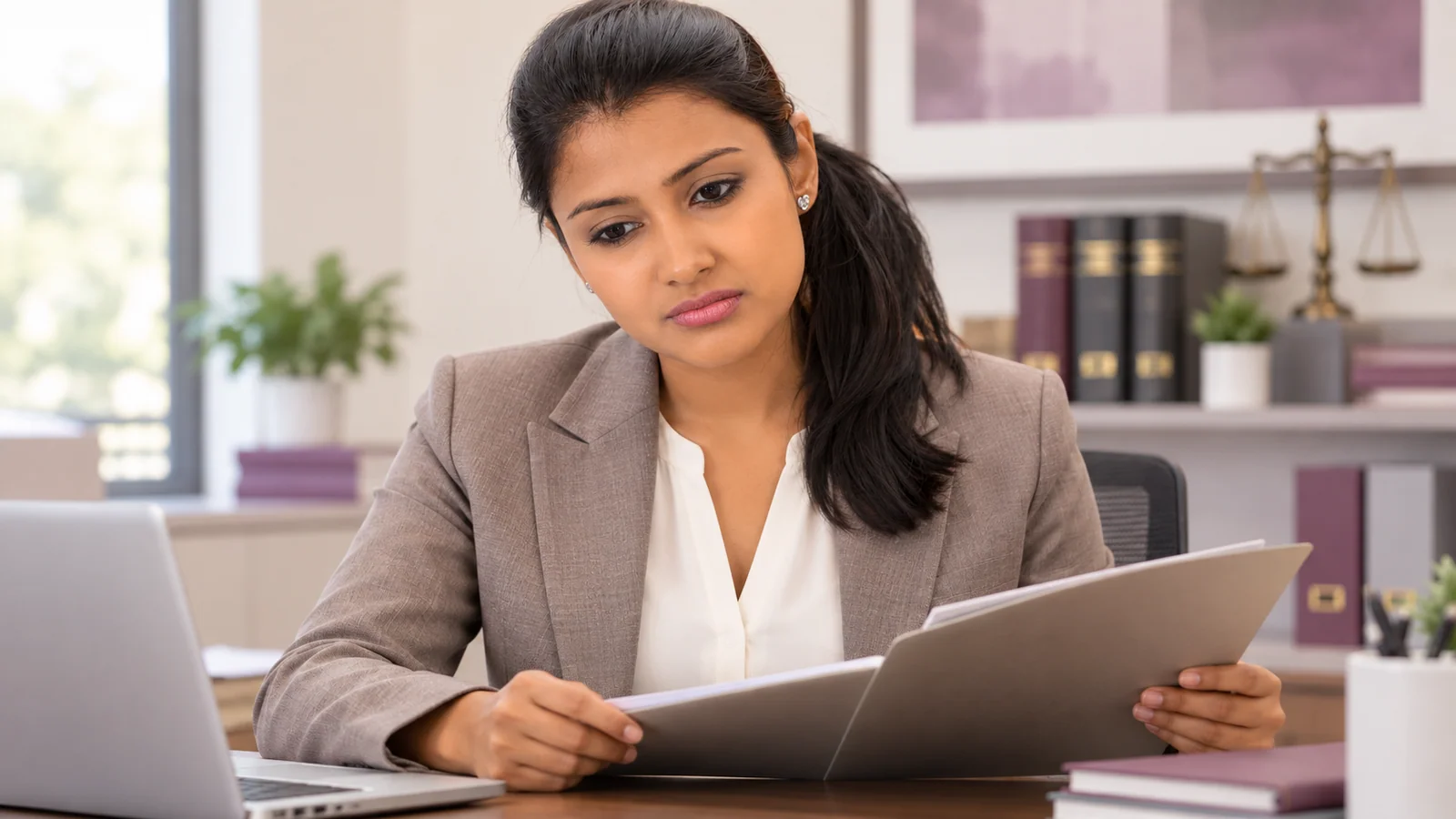 Illustrative professional reviewing a workload at an office desk.