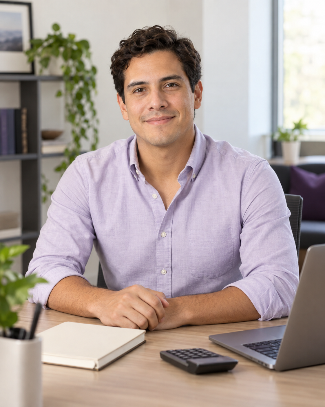 Illustrative litigation assistant seated at a desk with a laptop