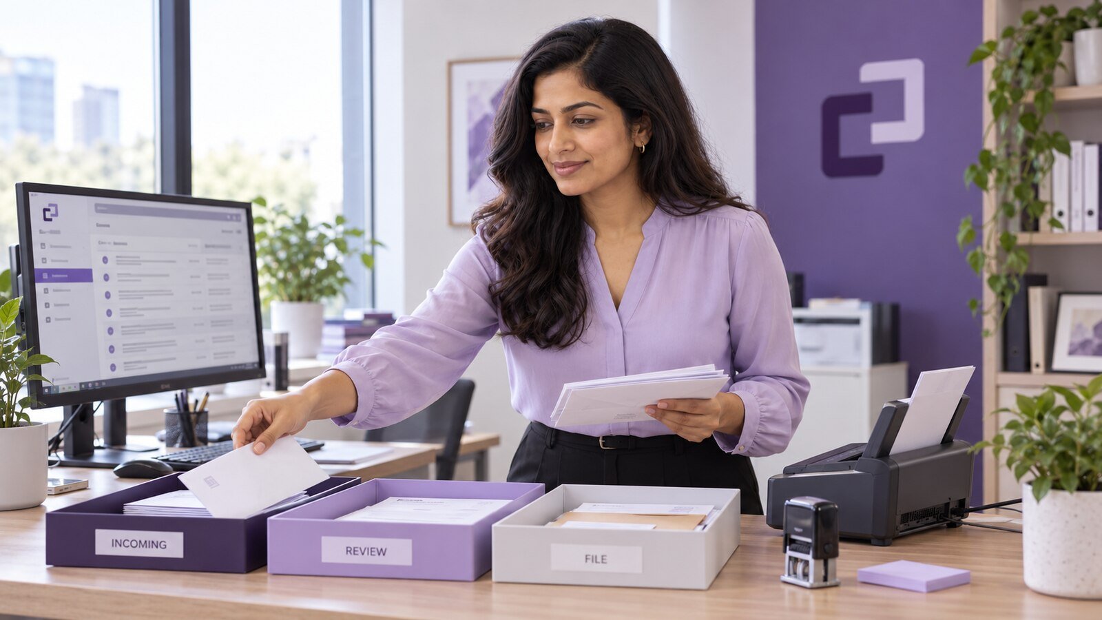 An assistant sorting incoming correspondence beside a desktop review queue.