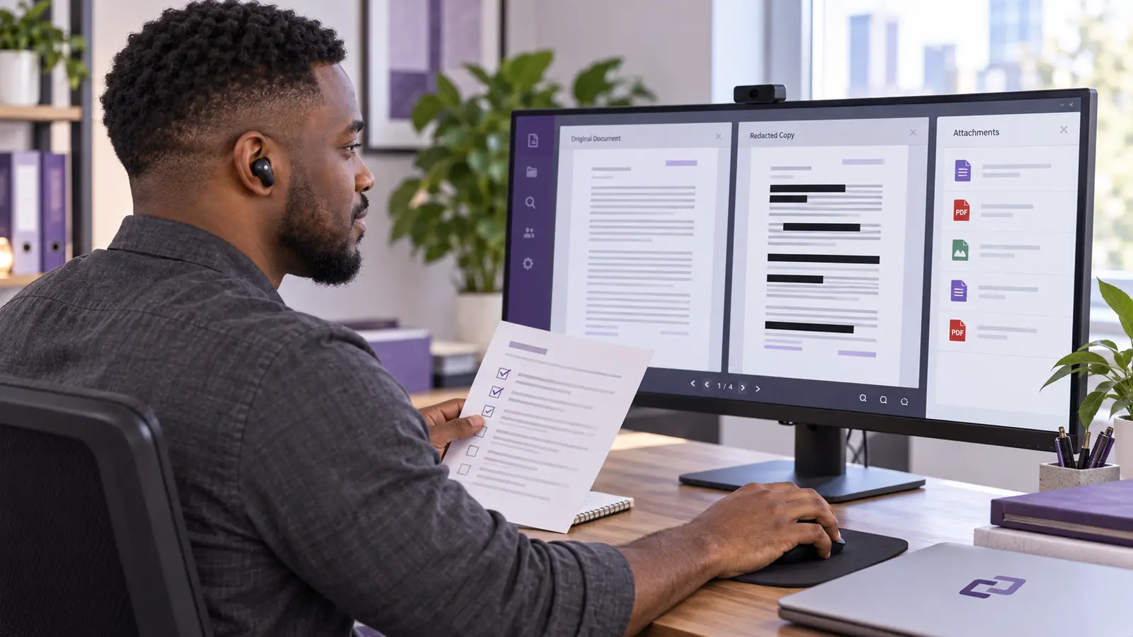 An assistant comparing a mock document with its redacted copy.