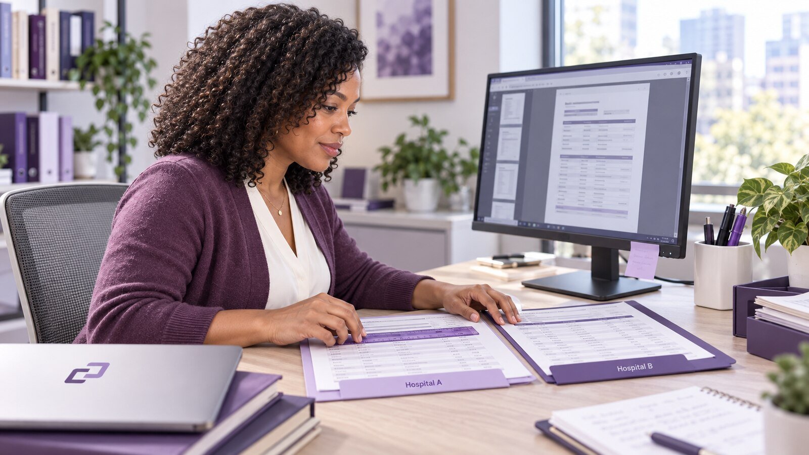 An assistant comparing two sets of medication-record entries at a desk.