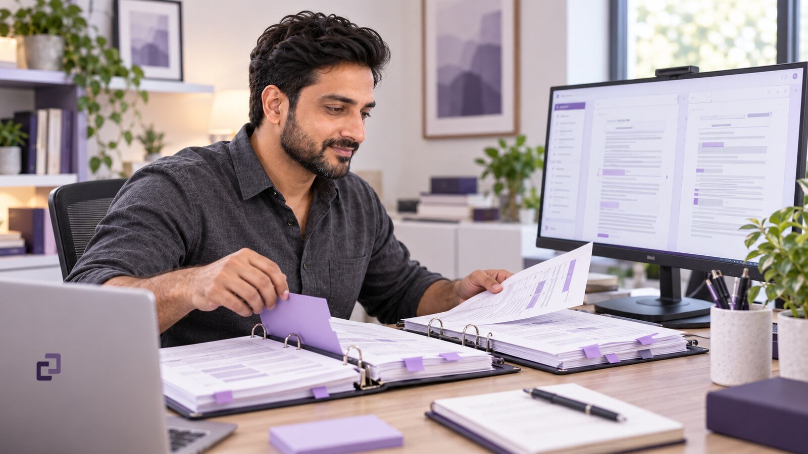 An assistant organizing revisions in two care-plan binders.