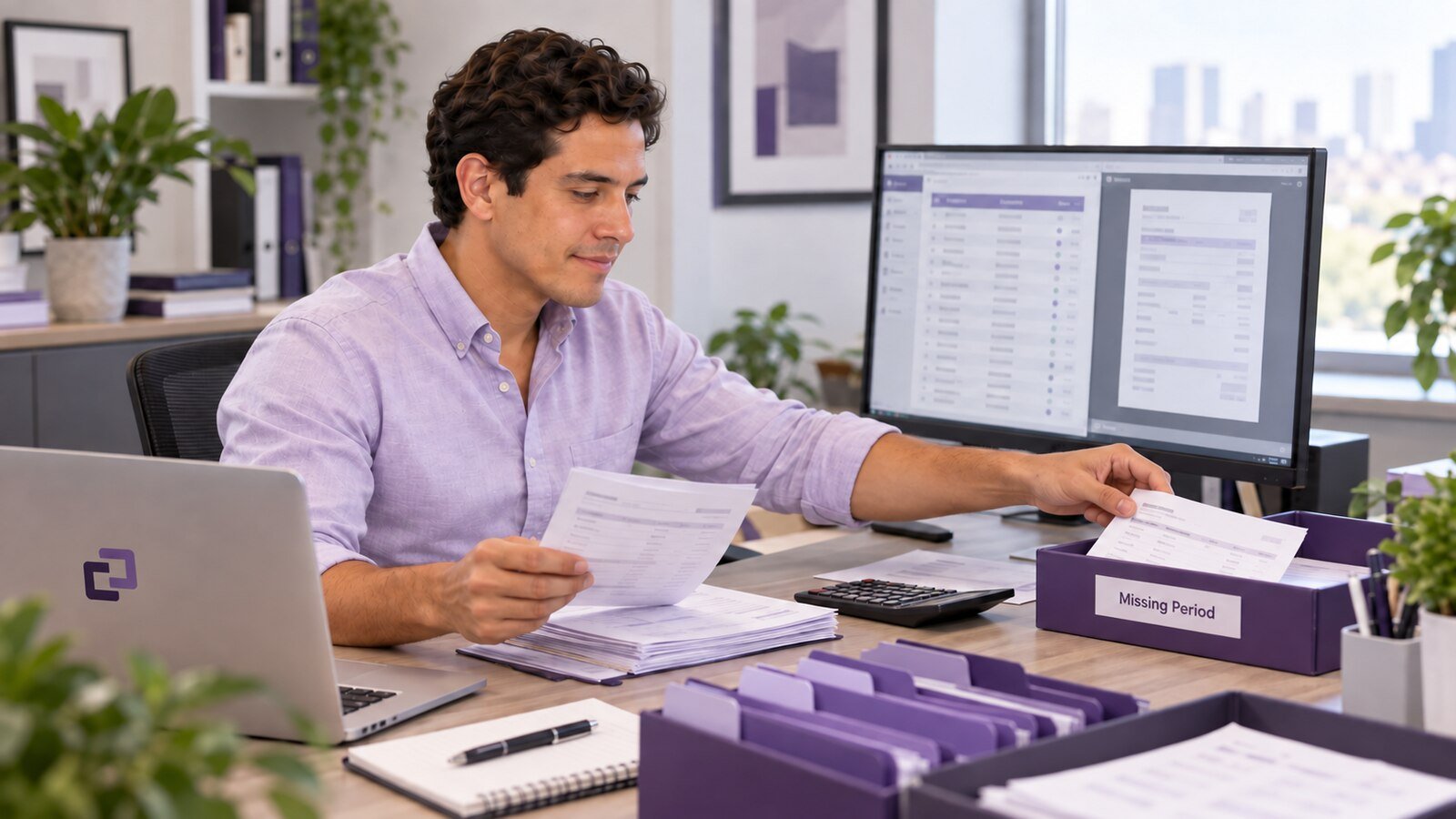 An assistant organizing pay statements and a missing-document review tray.