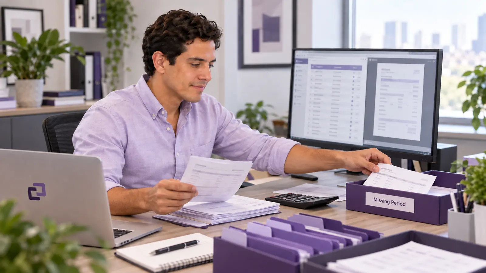 An assistant organizing pay statements and a missing-document review tray.