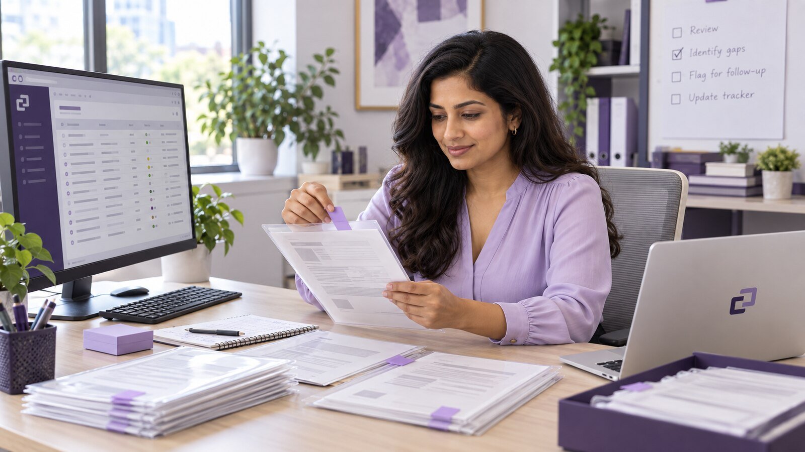 An assistant checking individual file sleeves against a document-completeness grid.