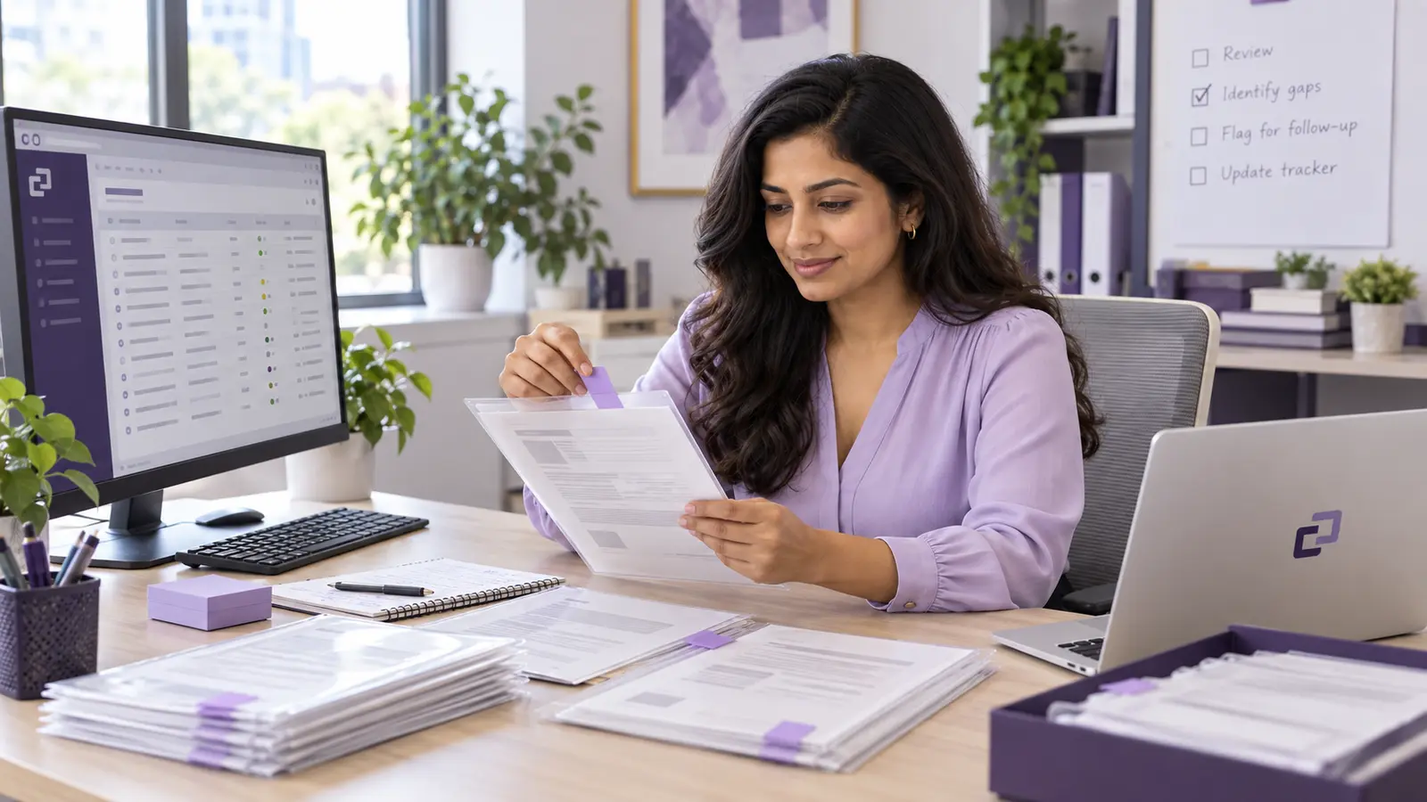 An assistant checking individual file sleeves against a document-completeness grid.