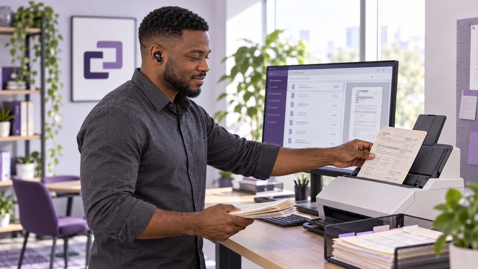 An assistant scanning and indexing a set of service-record documents.