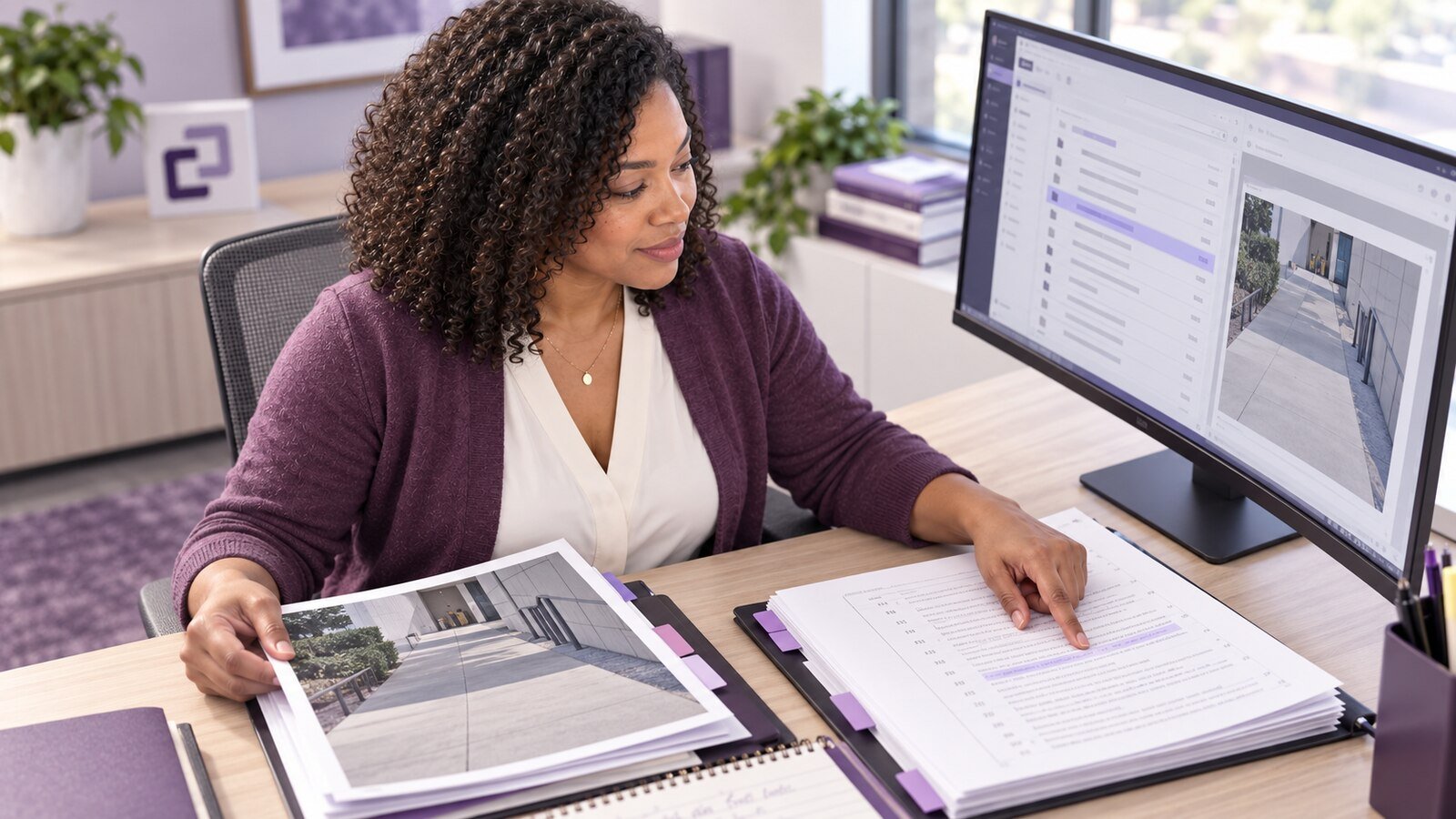 An assistant matching a transcript page to a photo exhibit and reference register.