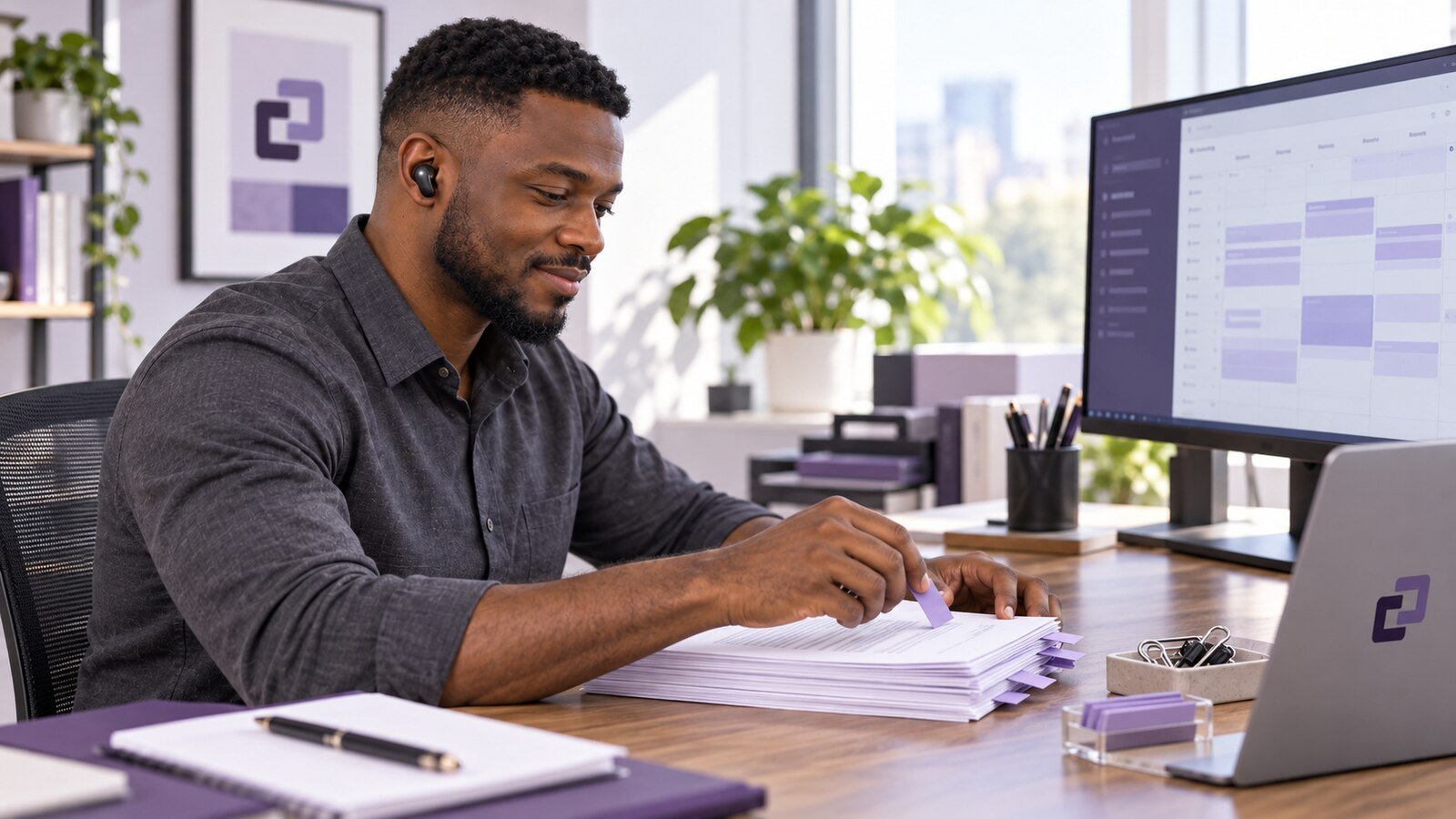 An assistant placing removable flags in an unsigned document packet.