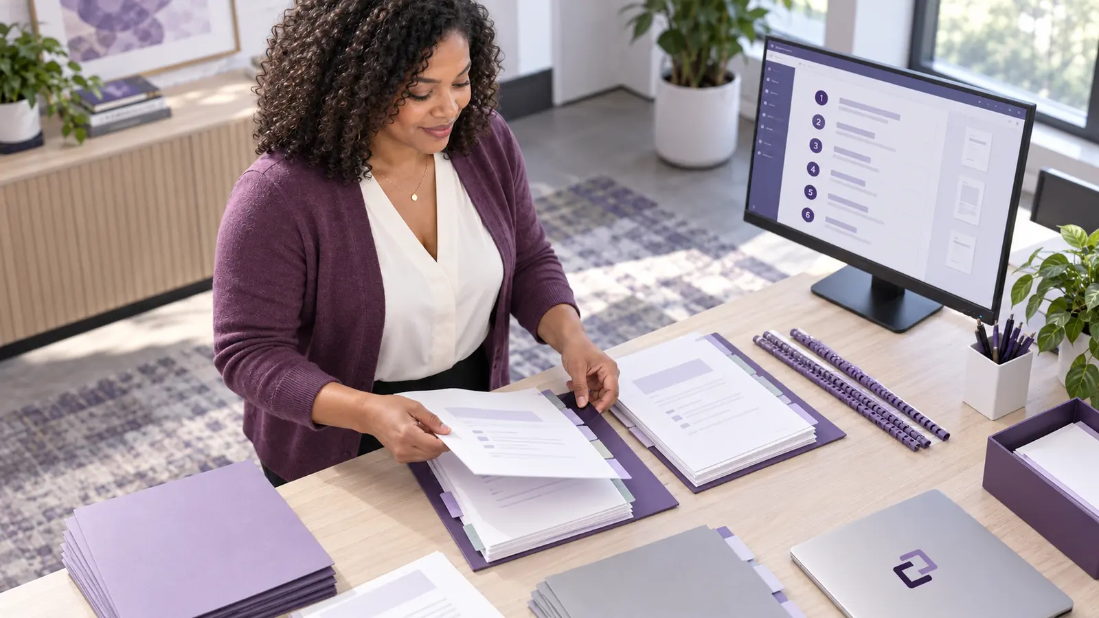 An assistant collating document sections into board-meeting packets.