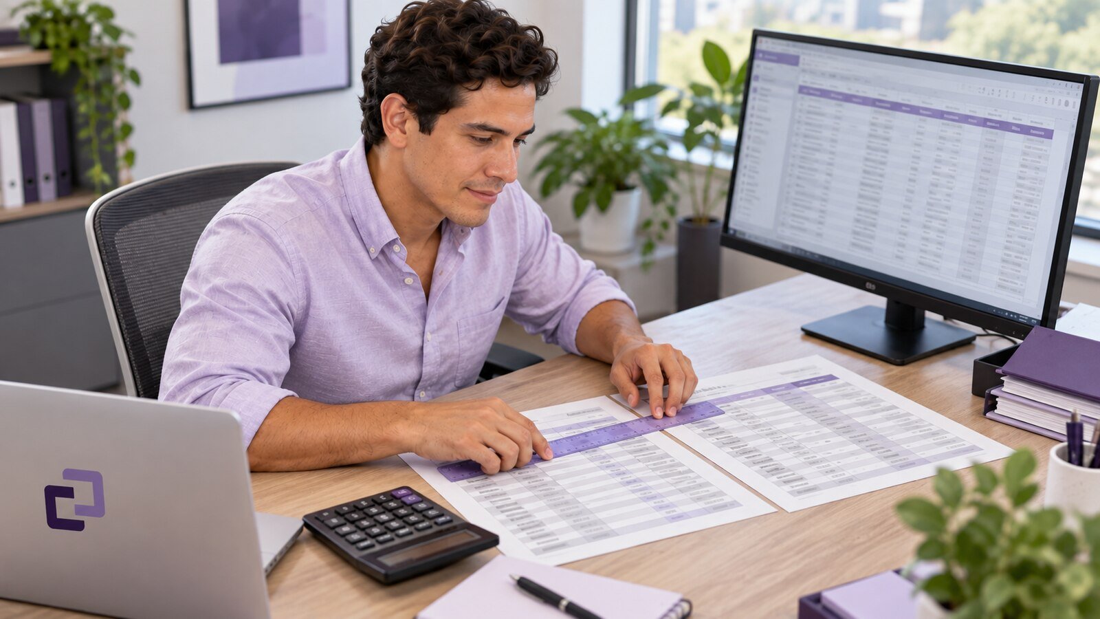 An assistant comparing time sheets with payroll register rows.
