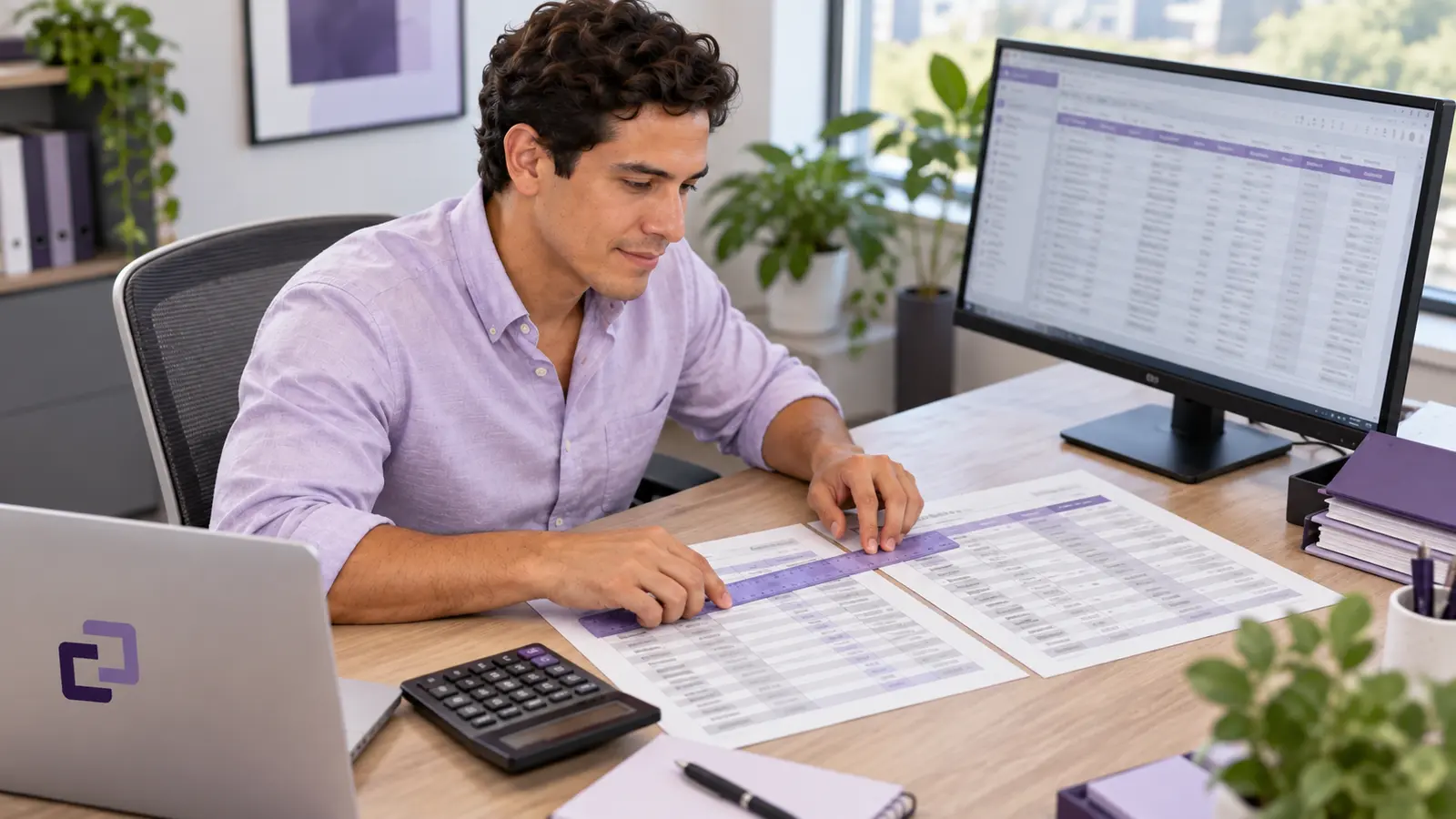 An assistant comparing time sheets with payroll register rows.