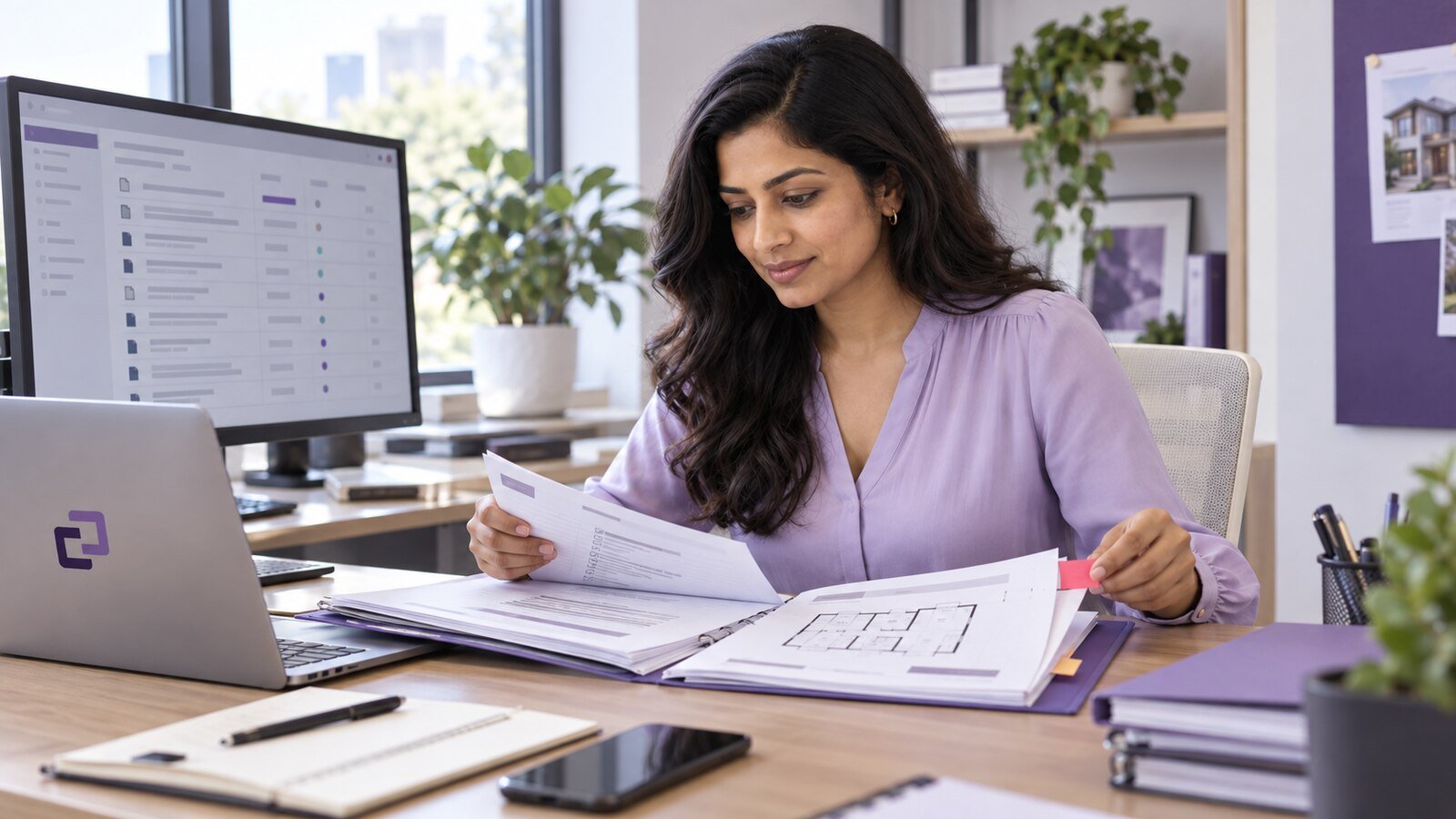 An assistant checking a property-closing packet and its supporting documents.