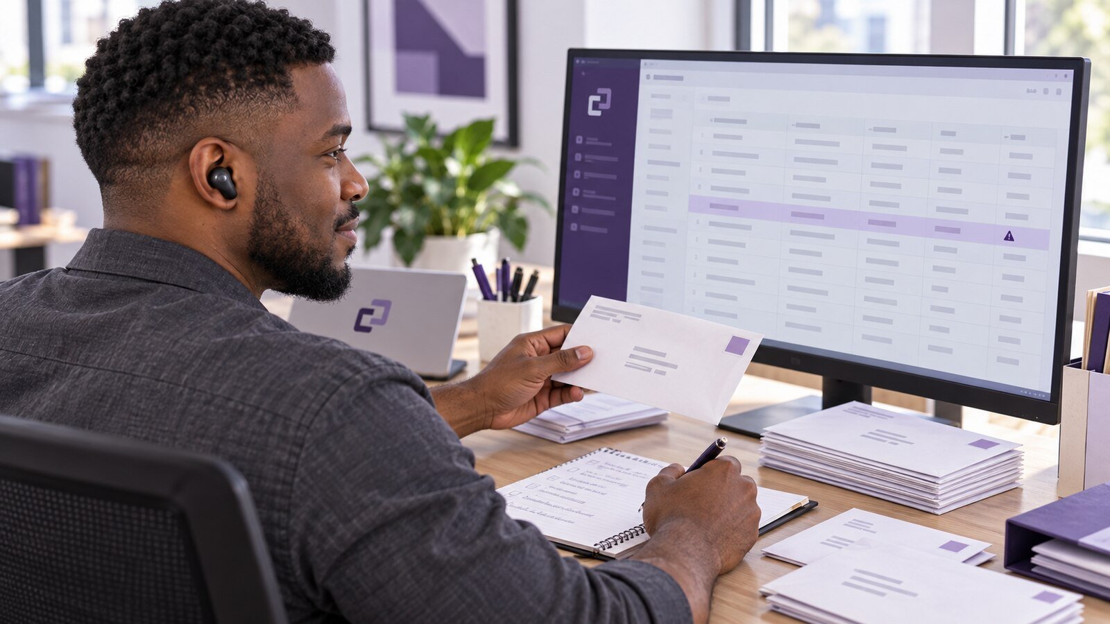 An assistant checking envelope address details against a creditor record list.