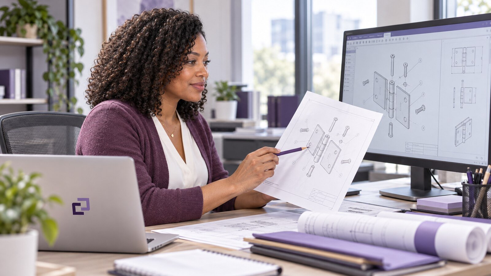 An assistant comparing reference marks on two mechanical drawing sheets.