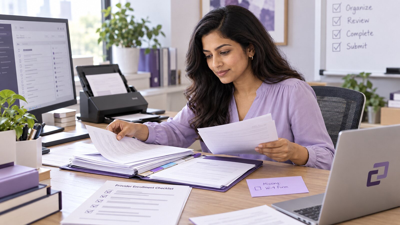 An assistant assembling an enrollment document packet for review.