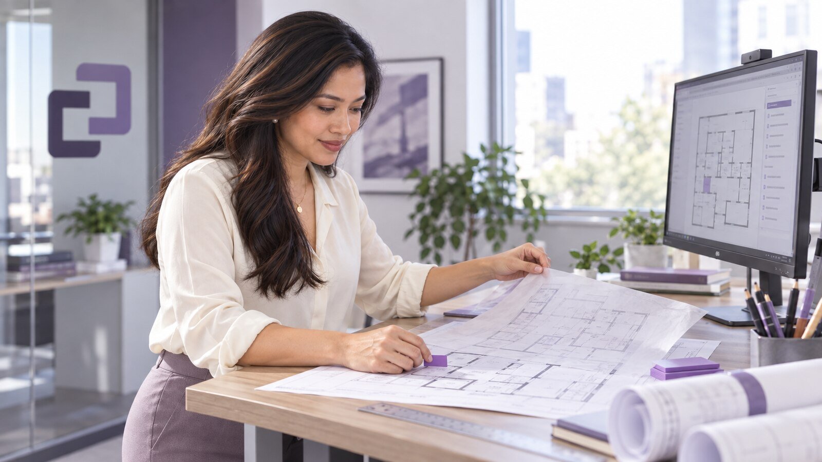 An assistant comparing revisions of two construction drawing sheets.