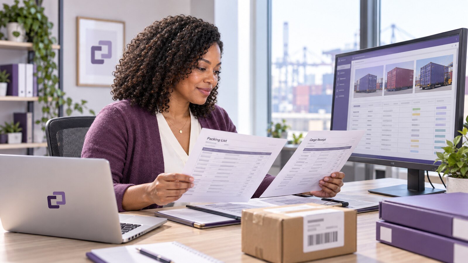 An assistant comparing cargo receipts and packing-list records.