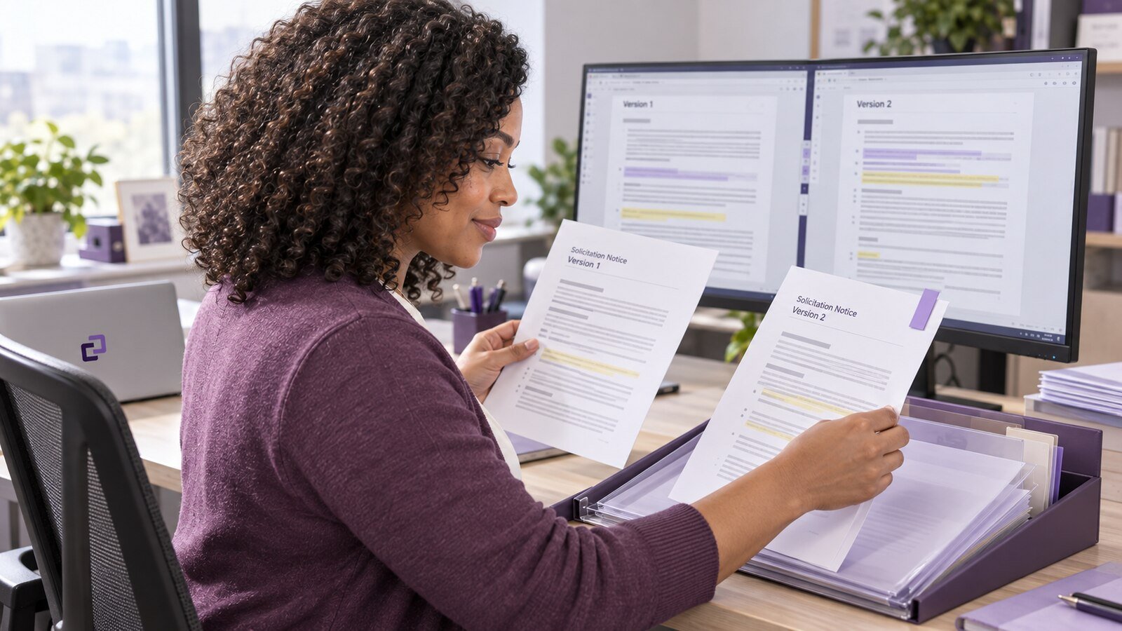 An assistant organizing solicitation notice versions and amendment records.