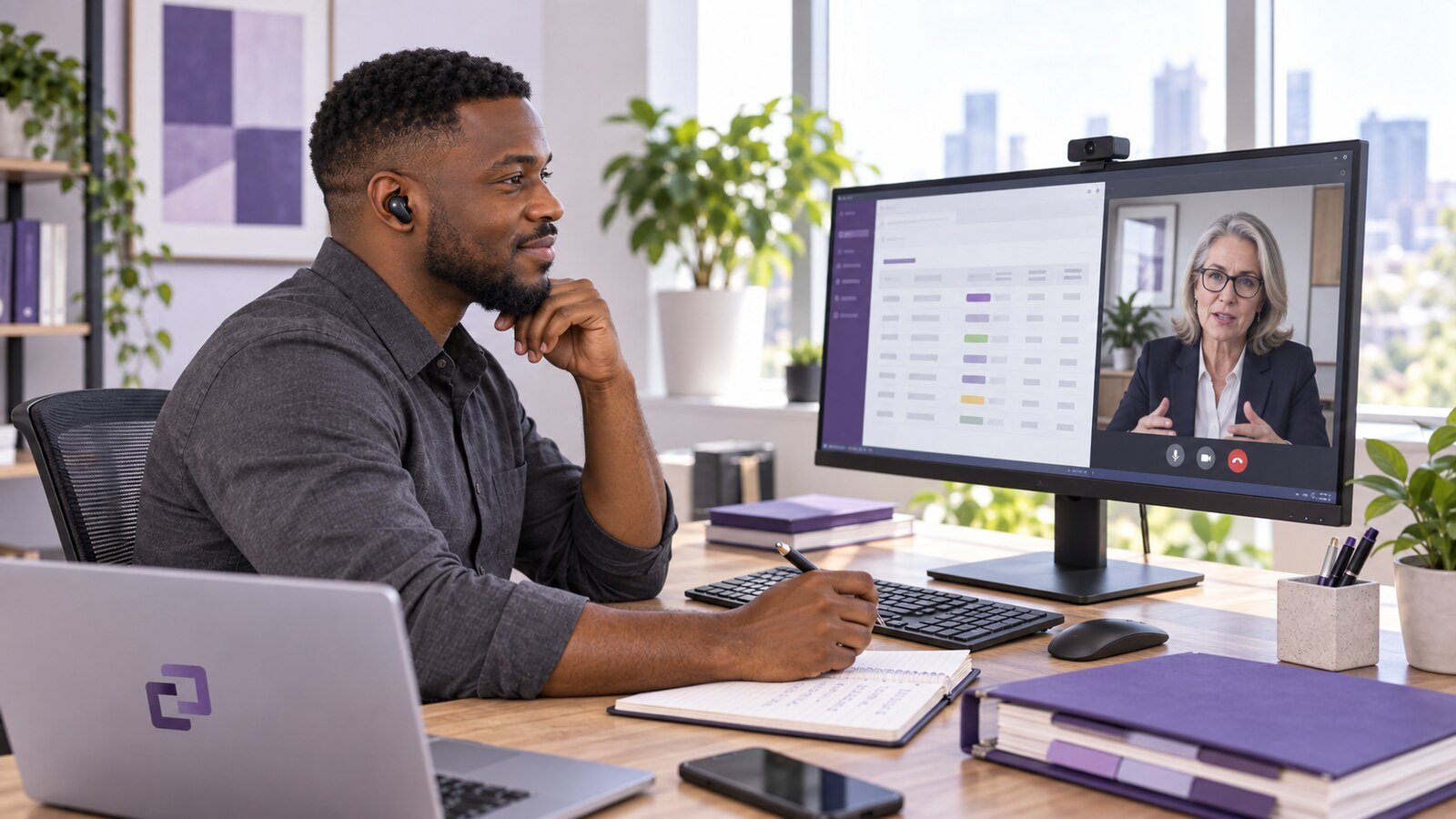 An assistant discussing a matter-status table with an attorney shown on a video-call screen.