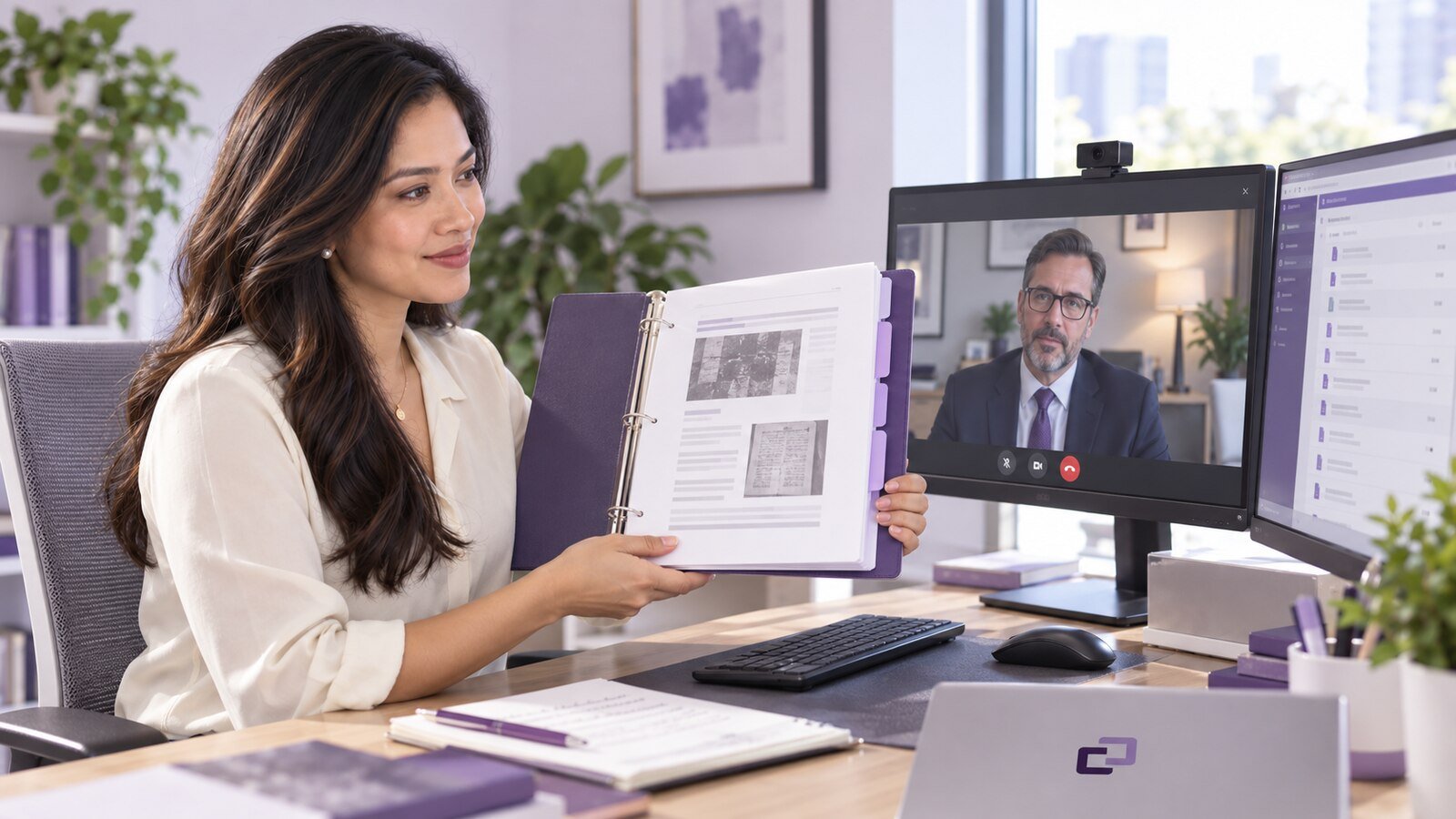 An assistant reviewing an exhibit binder with an attorney on a separate video-call screen.