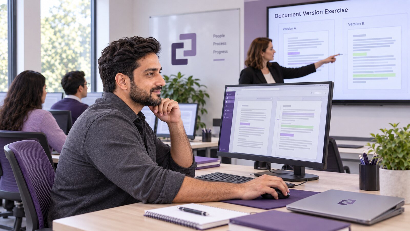 Adult support professionals practicing document version control in a training room.