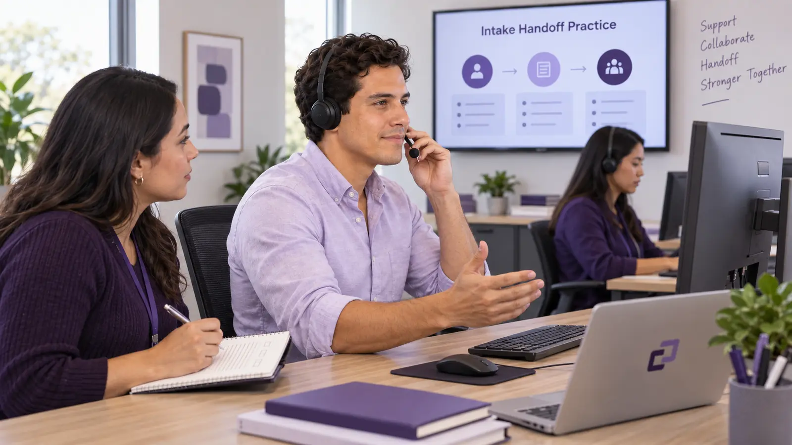 Support professionals practicing a headset handoff and escalation checklist in a training room.