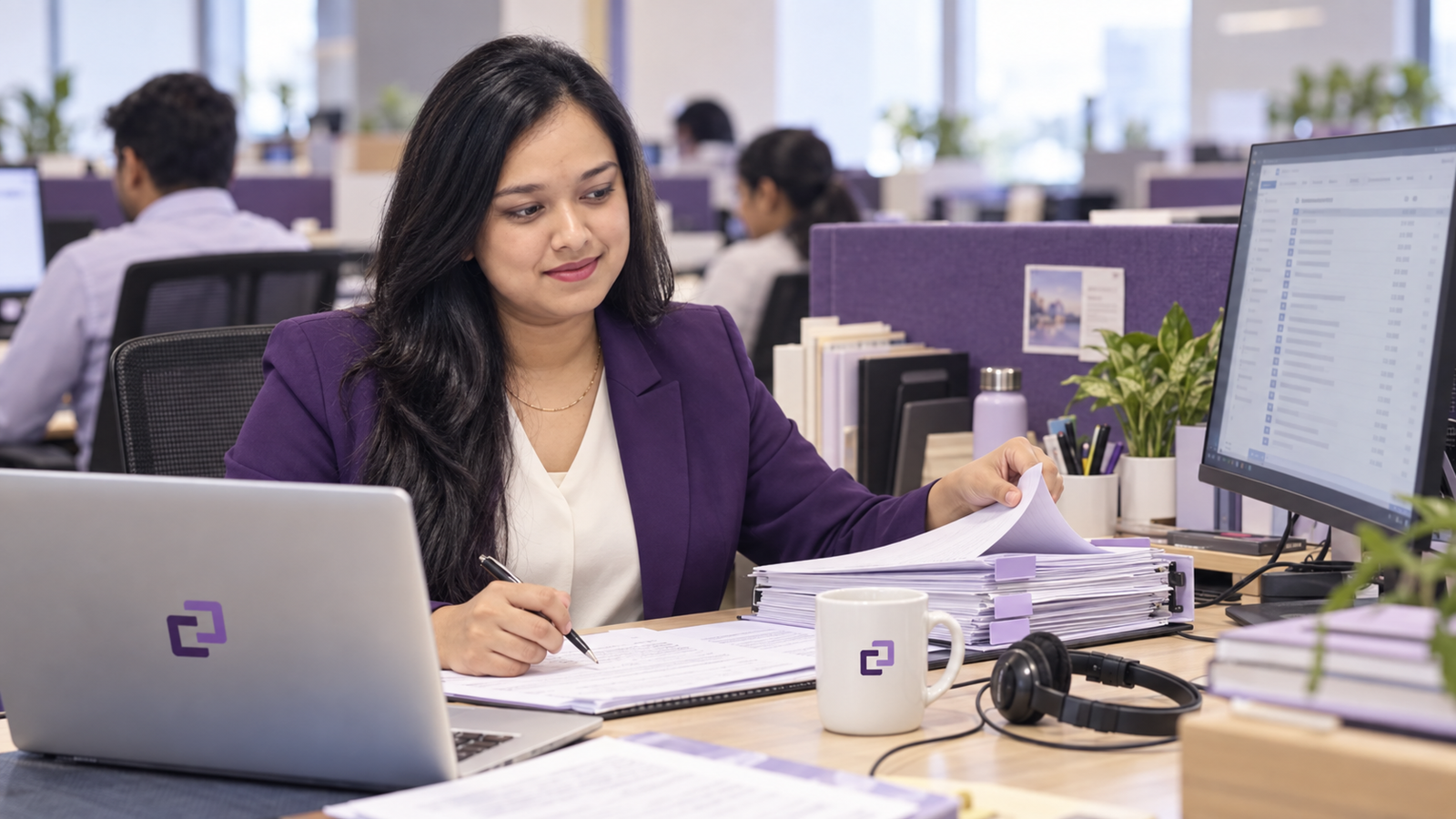 A remote legal assistant arranging source records beside a chronology table.