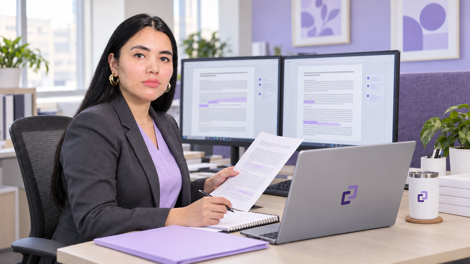 A remote legal assistant comparing contract versions and recording changes for attorney review.