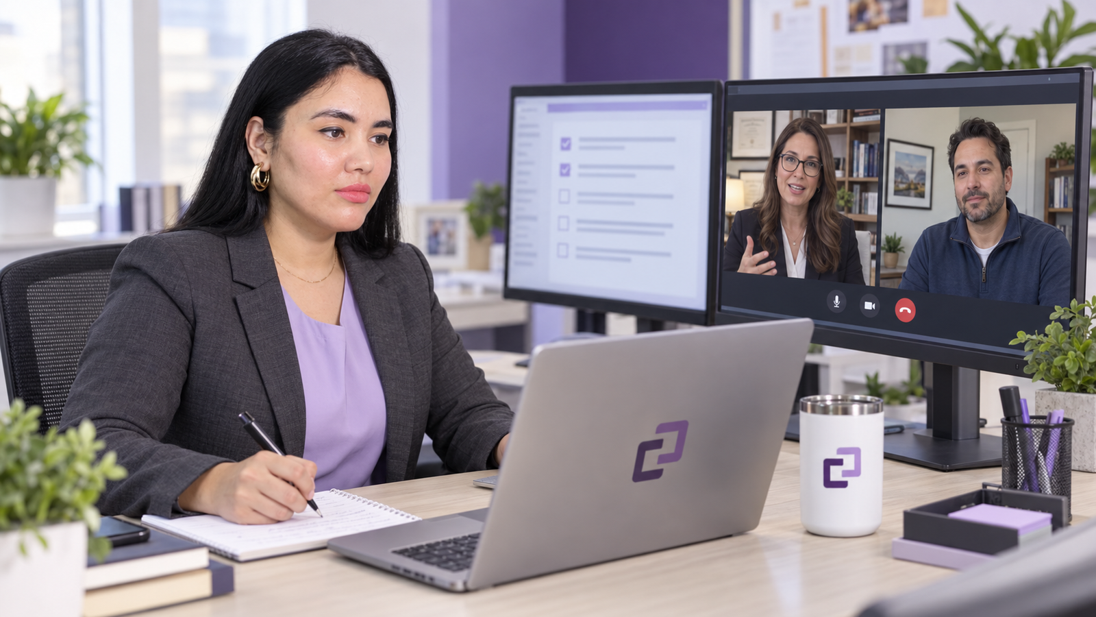 A remote legal assistant taking intake notes during a video meeting with an attorney and client in separate locations.