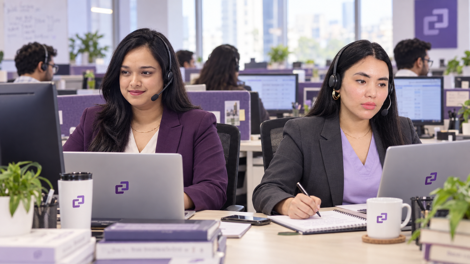 Two remote legal assistants handling calls and document queues at neighboring workstations.