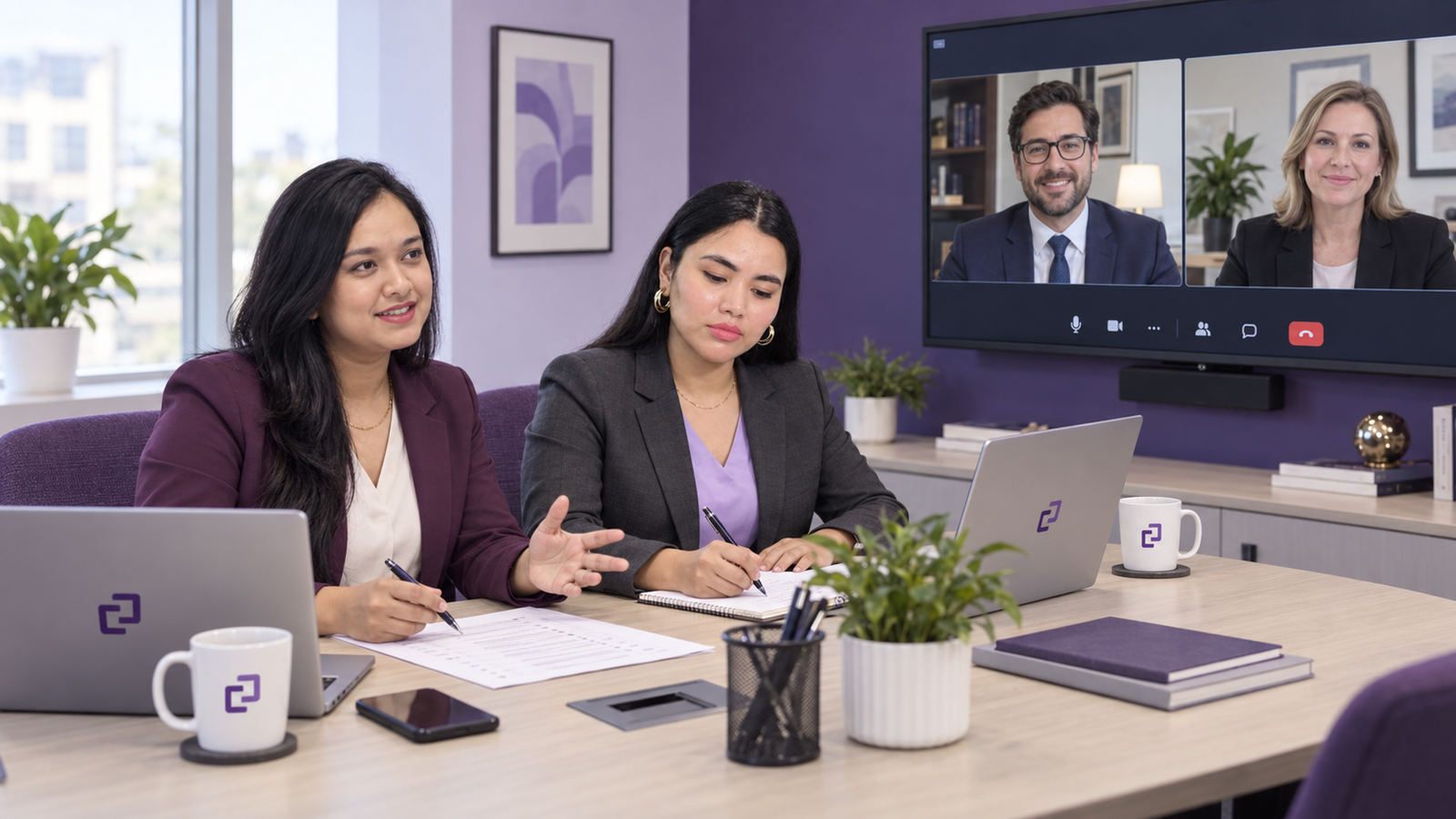 Two remote legal assistants reviewing a weekly task list with the client firm's team on a video-call screen.